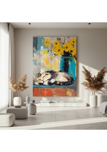 Uyuyan Kedi ve Sarı Çiçekler Tablosu fırsatları