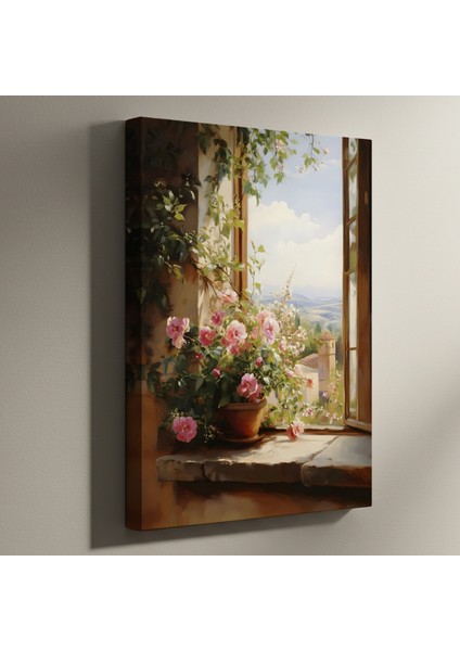 Akdeniz Manzaralı Çiçekli Pencere Tablosu