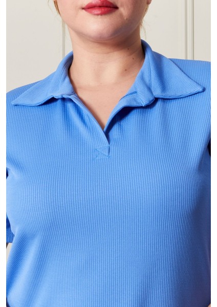 Fitilli Örme Kumaş Açık Mavi Kısa Kadın Elbise