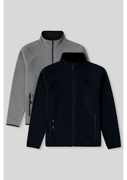 Standart Kalıp Dik Yaka 2li Paket Lacivert-Gri Melanj Erkek Polar Sweatshirt - 87992