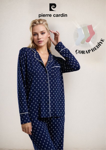 Kadın Viskon Uzun Kol Kutulu 2 Parça Gömlek Pijama Takımı