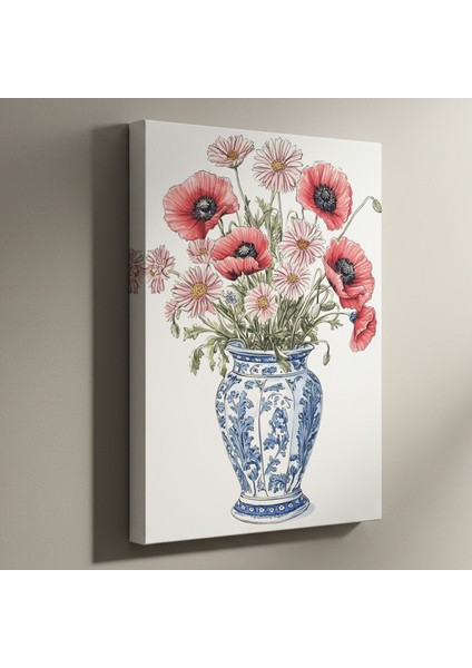 Çini Vazoda Haşhaş ve Papatya Buketi Tablosu