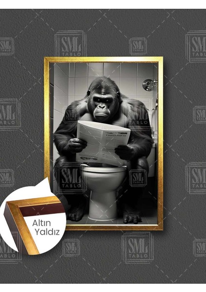 Klozette Gazete Okuyan Goril Banyo Cafe Restaurant Tuvalet Dekor Çerçeveli Dikey Kanvas Tablo