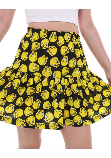 Tweety Çizgi Film Karakterli Jarse Kumaş Mini Boy Şort Etek