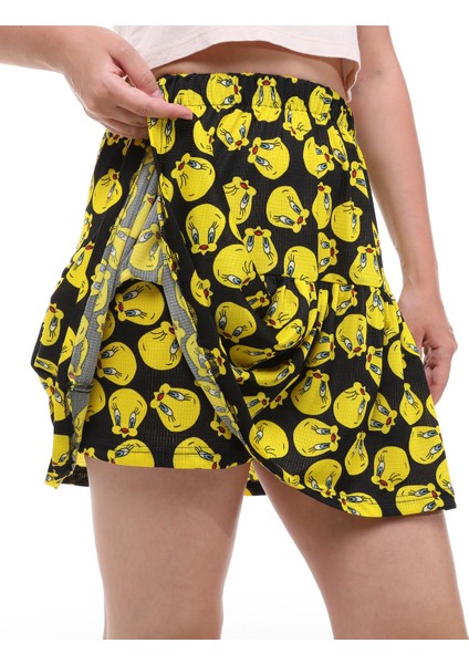 Tweety Çizgi Film Karakterli Jarse Kumaş Mini Boy Şort Etek