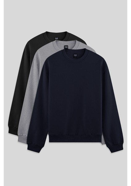 Standart Fit Basic O Yaka 3lü Paket Siyah-Lacivert-Gri Melanj Erkek Sweatshirt - 88363