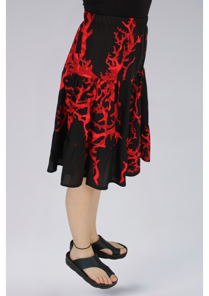 Viskon Kumaş Siyah-Kırmızı Mercan Desenli Midi Boy Kadın Şort Etek fiyatları