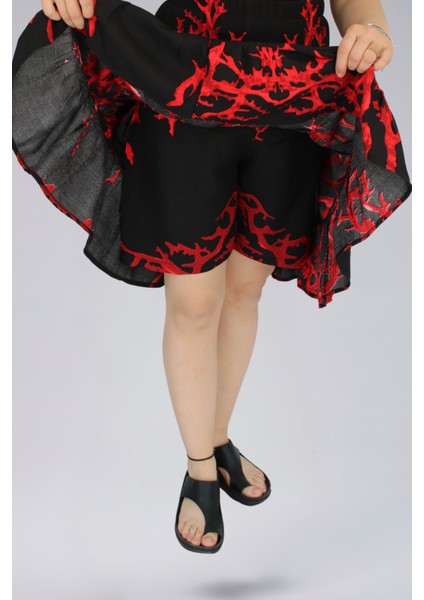 Viskon Kumaş Siyah-Kırmızı Mercan Desenli Midi Boy Kadın Şort Etek fırsatları