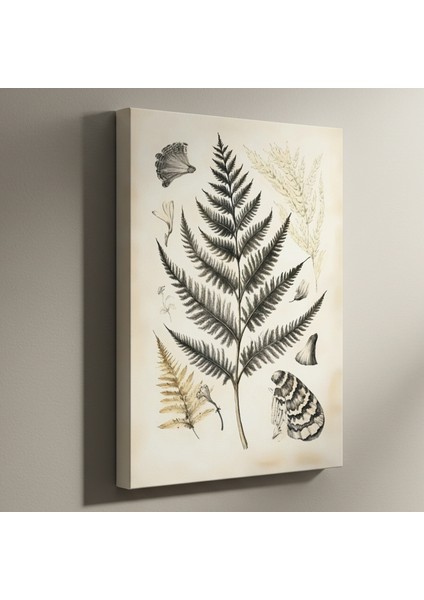 Botanik Illüstrasyon Tablosu: Eskiz Tarzı Eğrelti Otu ve Kelebek Baskısı