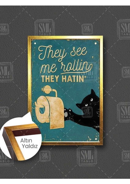 Tuvalet Kağıdı Sevimli Siyah Kedi Banyo Tuvalet Dekoru Çerçeveli Dikey Kanvas Tablo