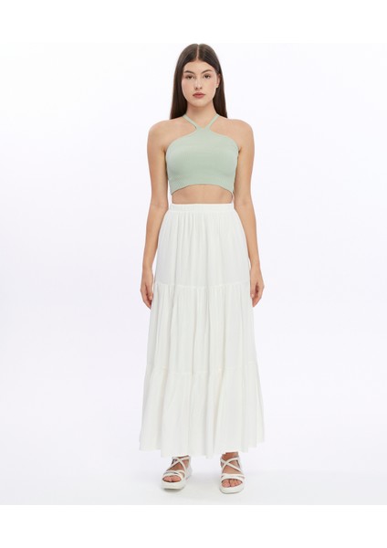 Astarlı Viskon Kumaş Beyaz Uzun Fırfırlı Etek