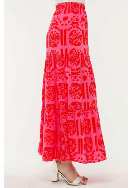 Viskon Kumaş Pembe Kırmızı Desenli Fırfırlı Yırtmaçlı Uzun Etek