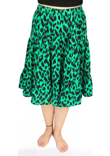 Yeşil Leopar Viskon Kumaş Midi Boy Kadın Şort Etek