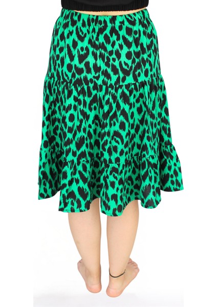 Yeşil Leopar Viskon Kumaş Midi Boy Kadın Şort Etek modelleri