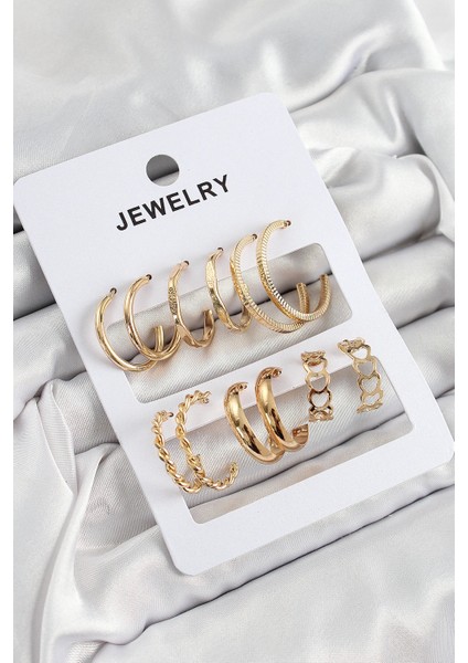 Pirinç Karışık Halka Model Gold Renk 6 Çift Kadın Küpe Set - TJ-BKP10885
