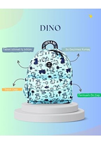 Dino Mavi Erkek Çocuk Sırt Çantası Yumuşak Destekli ve Büzgülü Bölmeli Tasarım