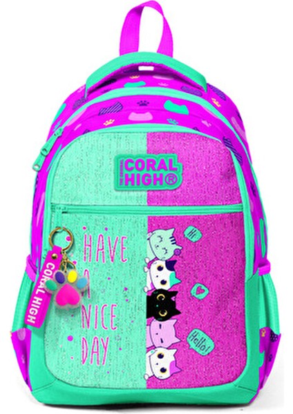 Üç Bölmeli Pembe-Su Yeşili Okul Çantası Canlı Renkler ve Kullanışlı Tasarım 31x42x17 Cm