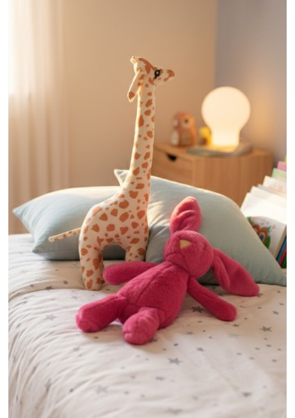 2’li Peluş Zürafa ve Koyu Pembe Tavşan Seti Hediyelik Sevimli Oyuncak