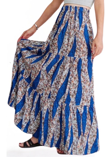 Viskon Kumaş Fırfırlı Üç Kat Uzun Mavi Kadın Etek fiyatları