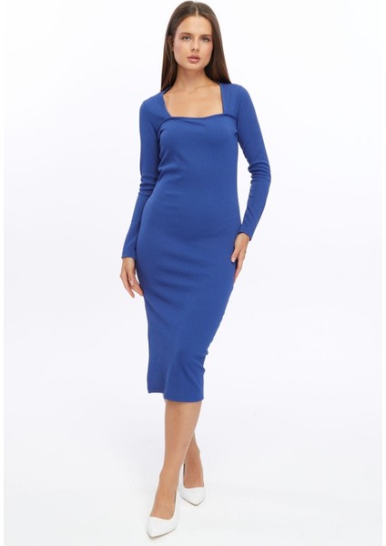 Fitilli Örme Kumaş Uzun Kollu Yırtmaçlı Midi Boy Elbise