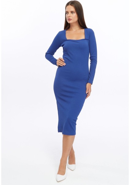 Fitilli Örme Kumaş Uzun Kollu Yırtmaçlı Midi Boy Elbise fiyatları