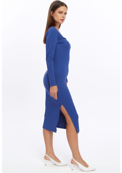 Fitilli Örme Kumaş Uzun Kollu Yırtmaçlı Midi Boy Elbise fırsatları