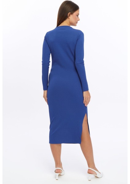 Fitilli Örme Kumaş Uzun Kollu Yırtmaçlı Midi Boy Elbise indirimleri