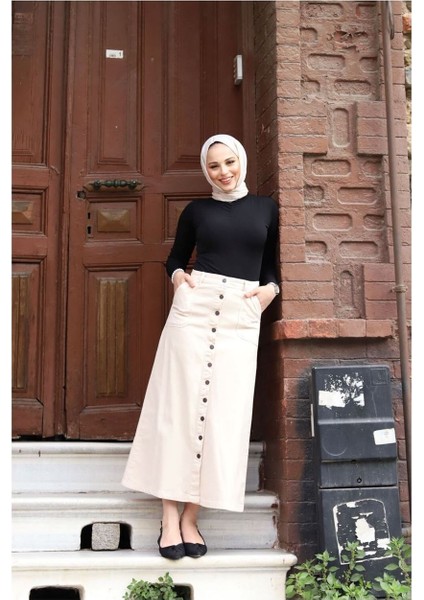 Boydan Düğmeli Gabardin Etek Ekru modelleri