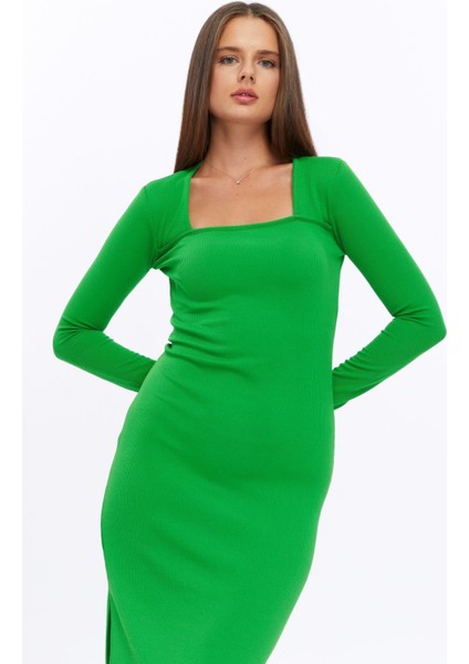 Fitilli Örme Kumaş Uzun Kollu Yırtmaçlı Midi Boy Elbise modelleri