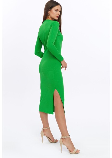 Fitilli Örme Kumaş Uzun Kollu Yırtmaçlı Midi Boy Elbise fırsatları