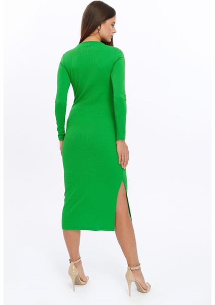 Fitilli Örme Kumaş Uzun Kollu Yırtmaçlı Midi Boy Elbise indirimleri