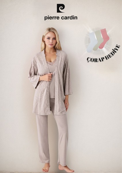 Kadın Giyim Kutulu Modal - Pamuk 3 Parça Vizon Sabahlık & Pijama Takımı