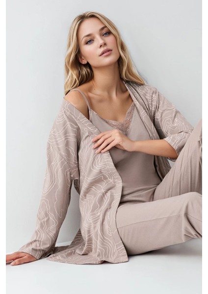 Kadın Giyim Kutulu Modal - Pamuk 3 Parça Vizon Sabahlık & Pijama Takımı fiyatları