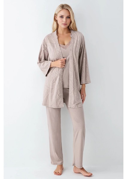 Kadın Giyim Kutulu Modal - Pamuk 3 Parça Vizon Sabahlık & Pijama Takımı modelleri