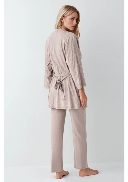 Kadın Giyim Kutulu Modal - Pamuk 3 Parça Vizon Sabahlık & Pijama Takımı fırsatları