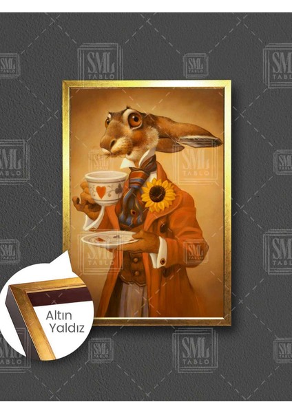 Alice Harikalar Diyarı Takım Elbiseli Kahve Içen Tavşan Çerçeveli Dikey Kanvas Tablo