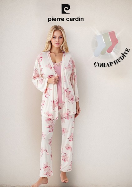 Kadın Desenli Modal Sabahlık & Pijama Takımı Kutulu Set