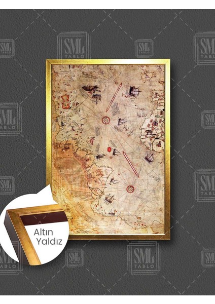 Piri Reis Haritası Vintage Harita Ünlü Denizci Eski Dünya Haritası Çerçeveli Dikey Kanvas Tablo