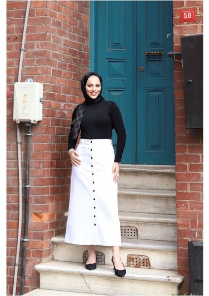 Boydan Düğmeli Gabardin Etek Beyaz