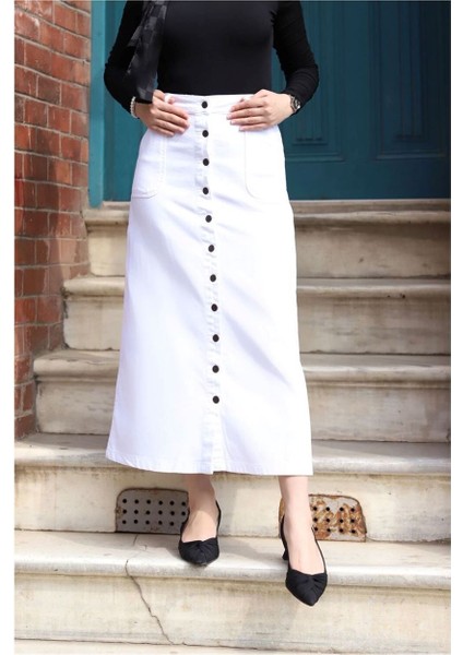 Boydan Düğmeli Gabardin Etek Beyaz fiyatları