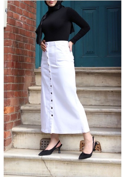 Boydan Düğmeli Gabardin Etek Beyaz modelleri