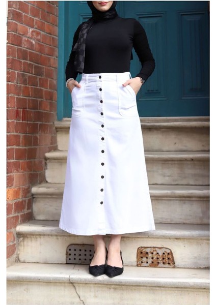 Boydan Düğmeli Gabardin Etek Beyaz fırsatları