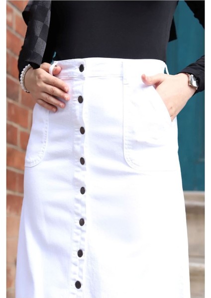 Boydan Düğmeli Gabardin Etek Beyaz indirimleri