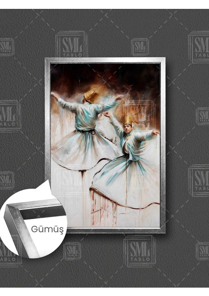 Raks Eden Semazen Müslüman Semazen Dönen Mevlevi Ney Mevlana Çerçeveli Dikey Kanvas Tablo