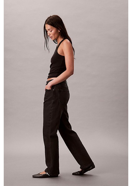 Kadın Yüksek Bel Düz Paça Jean Pantolon - Siyah fırsatları