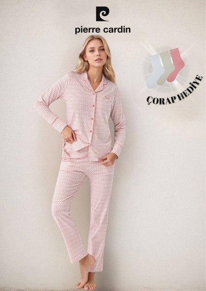 Kadın Giyim Uzun Kollu Modal & Pamuk 2'li Pembe Gömlek Pijama Takımı