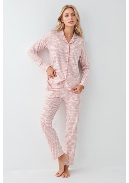 Kadın Giyim Uzun Kollu Modal & Pamuk 2'li Pembe Gömlek Pijama Takımı modelleri