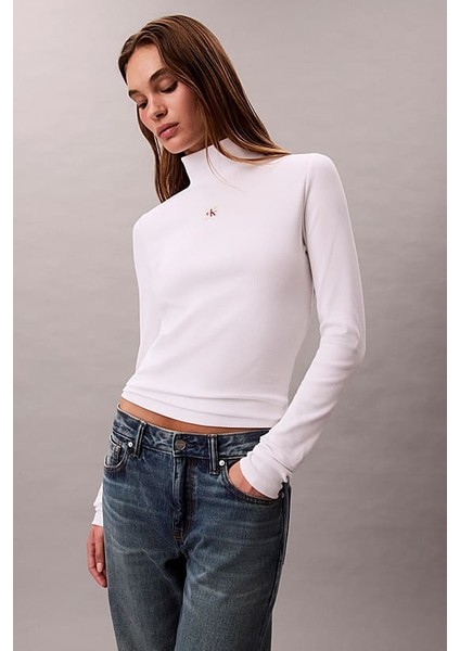 Kadın Dar Kalıp Balıkçı Yaka Uzun Kollu T-Shirt - Beyaz