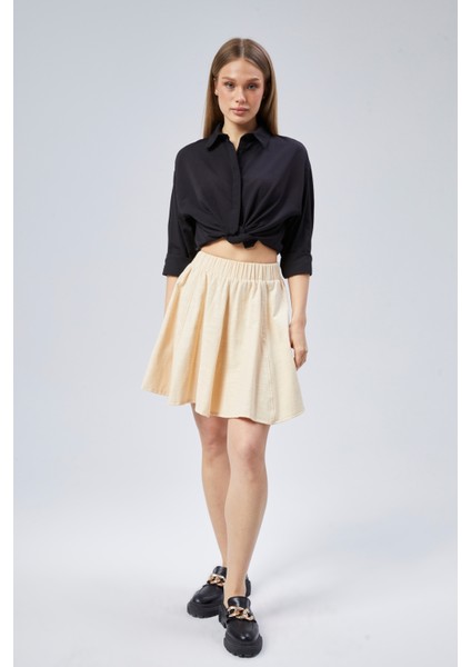 Flamlı Keten Parçalı Kısa Kloş Etek