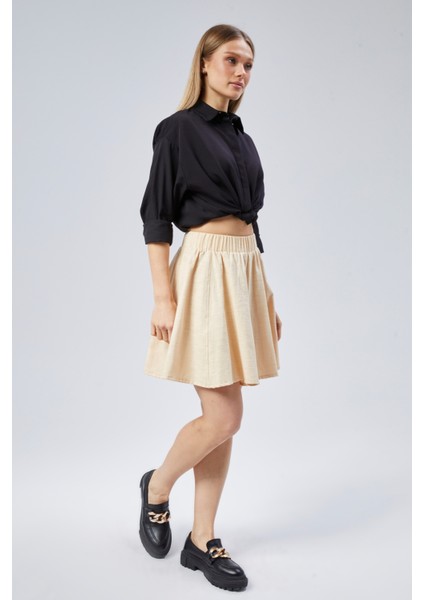 Flamlı Keten Parçalı Kısa Kloş Etek fiyatları